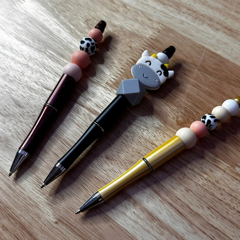 Set of 3 Cow Theme Beaded Ballpoint Pens Farm Animal Silicone Bead Pens